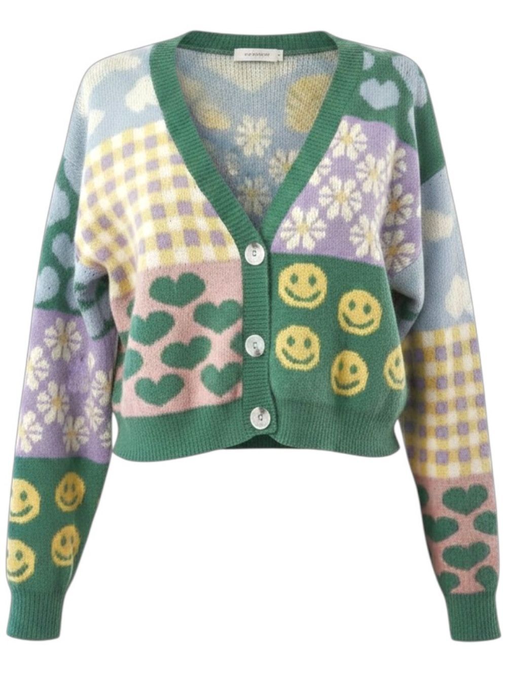Patchwork Smiley Cardigan V-Neck Button Front | Women’s M/L | EUC | Fun Retro - Picture 4 of 7
